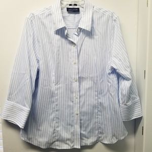 Jones New York women's white blouse with light blue stripes, 3/4 cuff sleeve